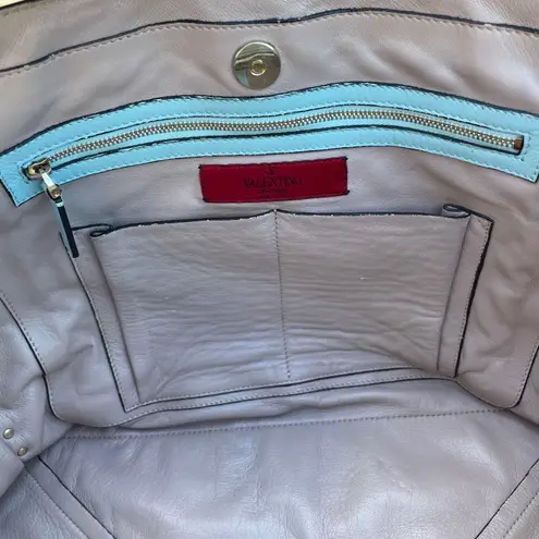 Valentino Garavani Valentino Rockstud medium light blue soft smooth leather shopping tote bag