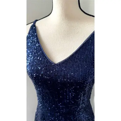 Donna Morgan Navy Blue Sequin V-Neck Midi Dress Womens Size 2 Formal Slit