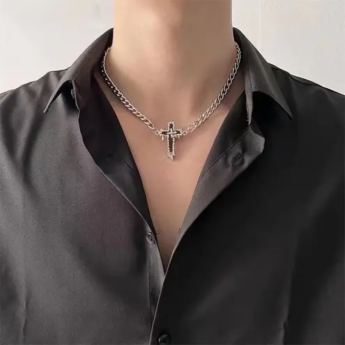 Link Chain Cross Necklace for Men Women Unisex Hip Hop Style Silver