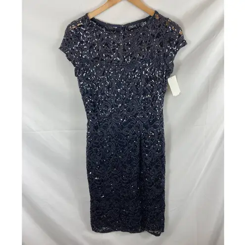 Marina Sequin Lace Cap Sleeve Sheath Dress in Gun Size small