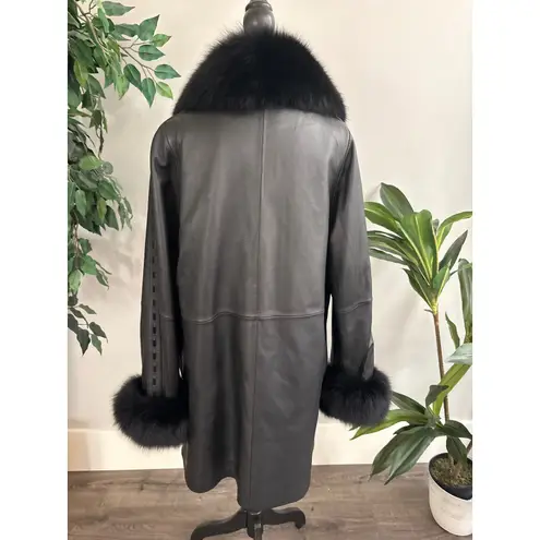 Vintage High End Black Leather Long Coat Real Fox Collar & Wrist Women Med