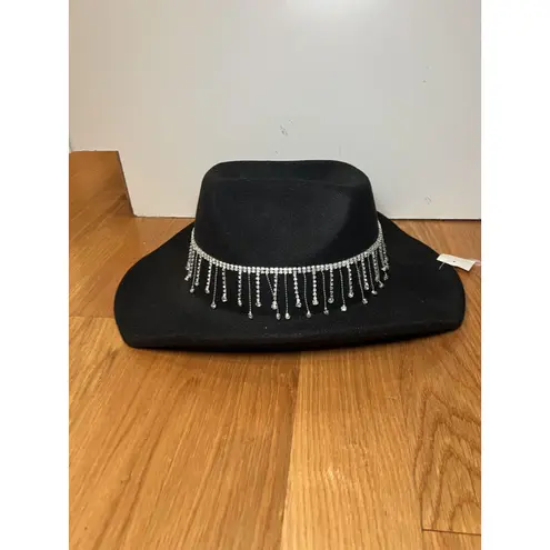 Rhinestone Fringe Hat Cowboy Fitted Womens One Size Black Cowgirl Bling
