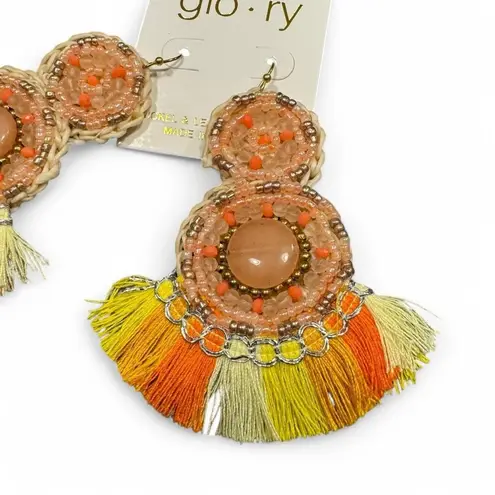 Bohemian Multicolor Beaded Tassel Earrings, Statement Fringe, Orange Yellow Fan