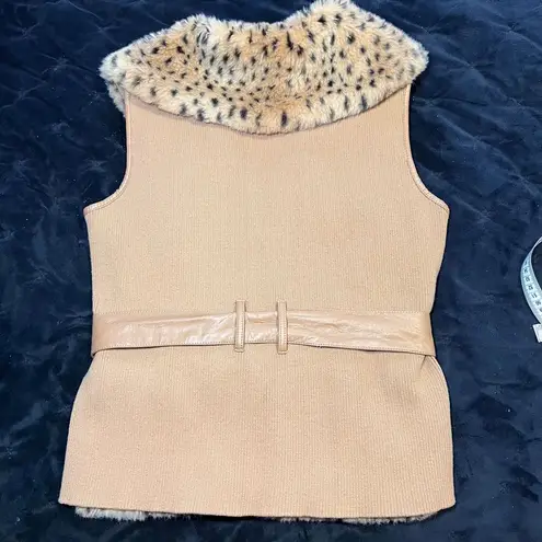 Luxury Faux Leopard Print Vest with Leather Belt Trim Sleeveless Winter Fashion Tan Size XS