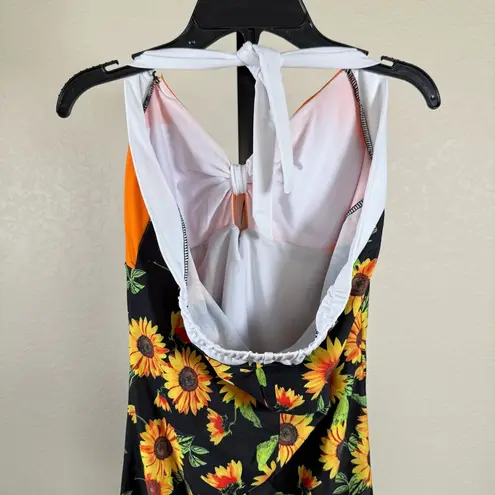 Retro Floral One Piece Swimsuit Halter Skirted Boyshort Pin Up Swimsuit XL Black Orange