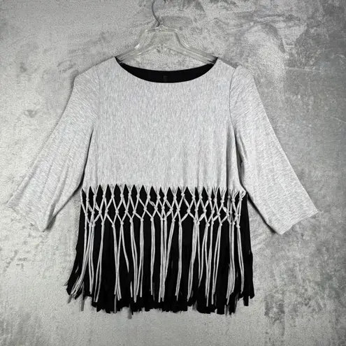 IC by Connie K Fringe Tunic Top Women Large Gray Black Casual Comfy Lagenlook