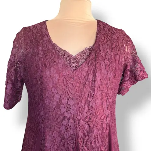 Vintage 90s Nostalgia Burgundy Lace Overlay Dress Short Sleeve Medium Midi Red