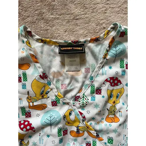 Looney Tunes Tweety Christmas Holiday Scrubs Women's White Top Sz 2X