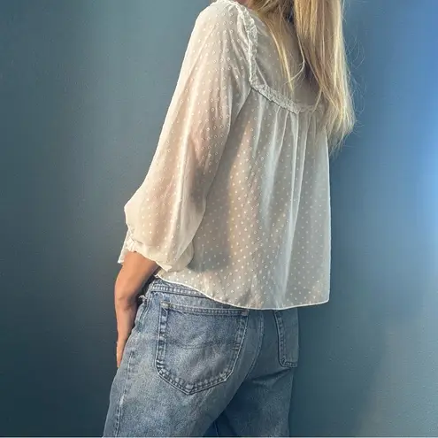 Takara White Sheer Dotted Swiss Prairie Blouse with Black Bow size Large