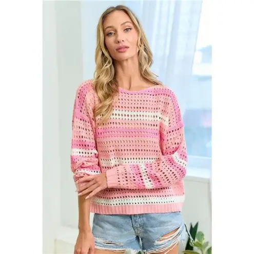 First Love Striped Long Sleeve Openwork Knit Top