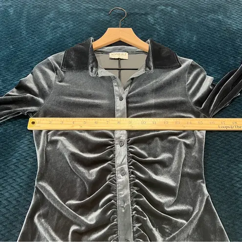 Sophie Rue Blue Velvet Gathered Ruched Long Sleeve Button Front Dress Size S