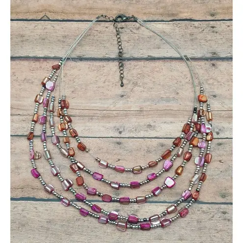 Beachy Silver Tone Pink Dyed Abalone Shell Multi Strand Wire Collar Bib Necklace