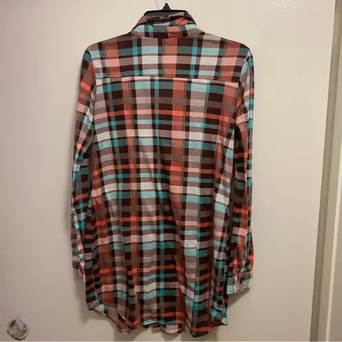 Bassport Womens Plaid Flannel Button Down Shirt L Large 40” Orange Brown & Blue