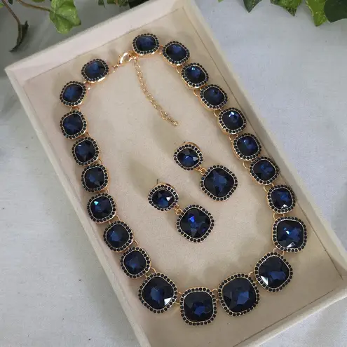 Statement Gold and Navy Blue Cushion Gem Collar Necklace and Earrings Set