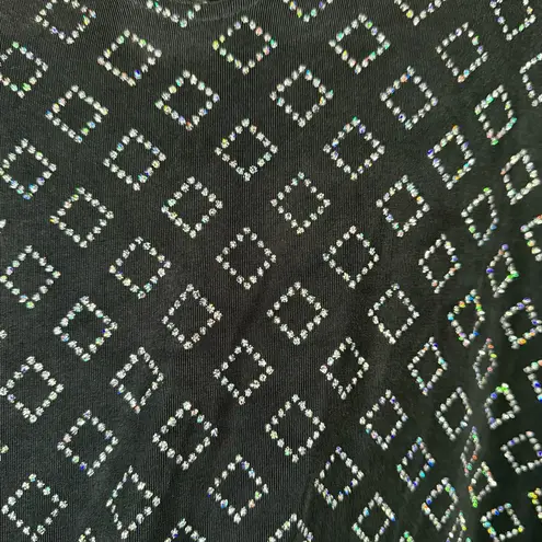 Vintage Y2K Metallic Holographic Sheer Black Diamond Print V Neck Top 2X
