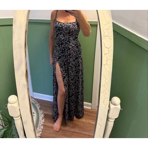 NWT Wicked Weasel Floral Maxi Dress High Slit Strappy Back Sexy Resort L Black Size L