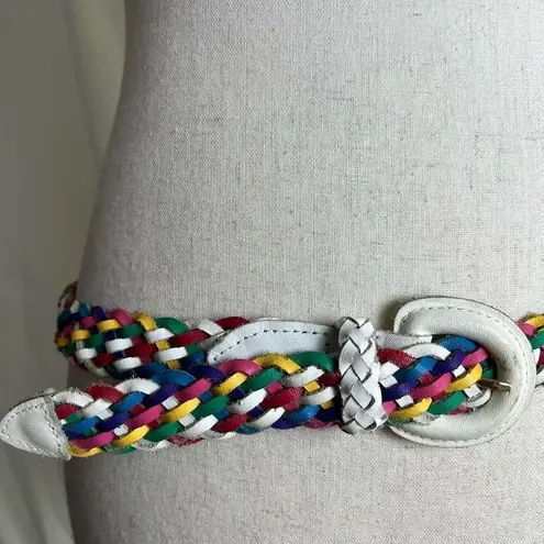 Vintage Braided Woven Leather Belt White Rainbow Colorful Boho 80s 90s Medium