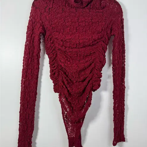 Free People  Intimately Day And Night Wine Red Lace Long Sleeve Bodysuit Size S