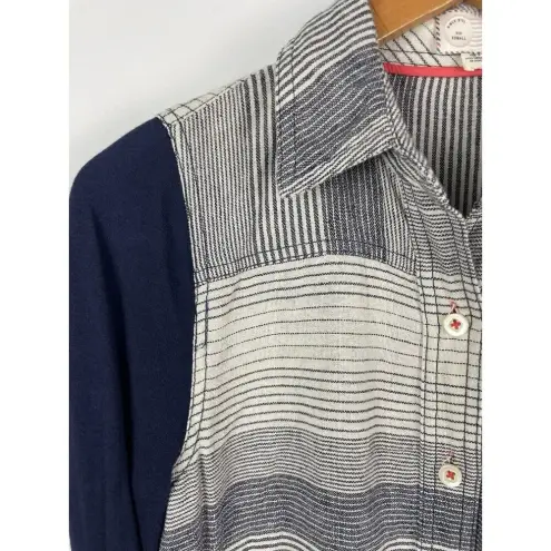 Anthropologie Postmark Blue White Long Roll Tab Sleeve Tie‎ Front Shirt Dress XS