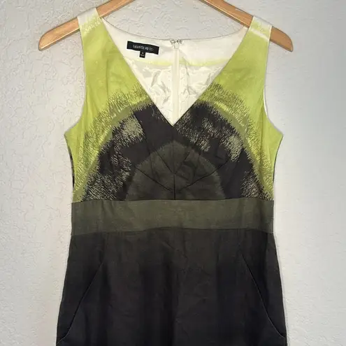 Lafayette 148 Linen Sleeveless Dress Pockets Green Brown Watercolor Artsy Preppy Size 6