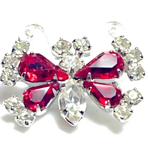 Ruby Designer B David BUTTERFLY BROOCH PIN  Red Clear Crystal Rhinestone Silver