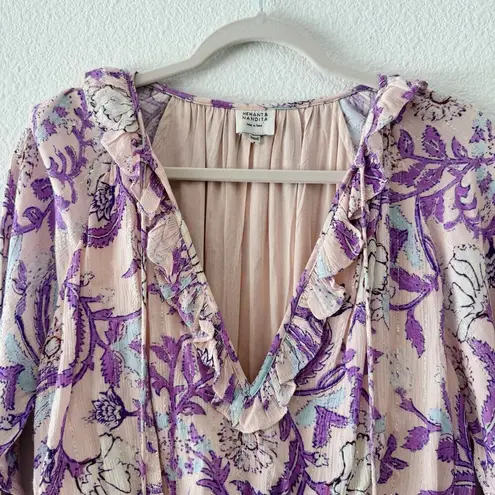 Hemant & Nandita Asia Ruffle Tassel Mini Dress Purple Floral Size Small