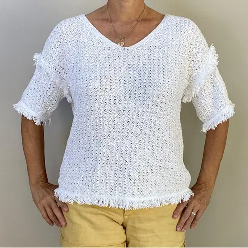 Lou & grey  open knit fringe hem sleeve short sleeve top Sz Small