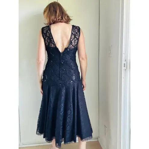 Vintage 80s Formal Party Dress Black Lace Sequin Midi Fit Size Medium Fitted