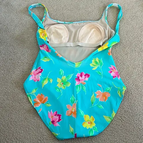 Adrienne Vittadini Aqua/Pink/Yellow Floral One Piece Bathing Suit sz 14
