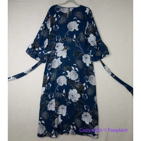City Chic navy blue faux wrap dress with white floral print waist tie, size 22