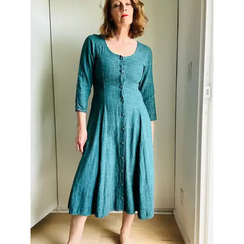Vintage 90s cotton Dress Boho HIppie Folk Midi Fit Size Medium Green
