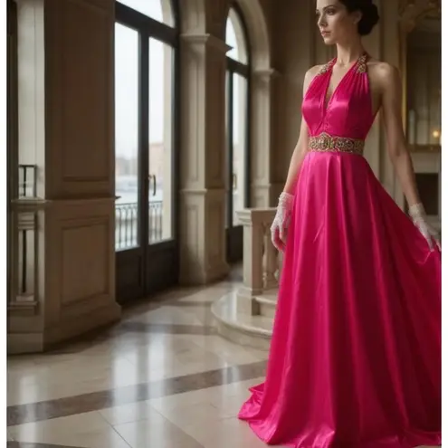 Betsy and Adam hot Pink Embroidered Halter Gown Sz 2