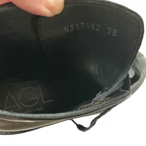 AGL combat boots patent leather black moto biker gold hardware booties size 38