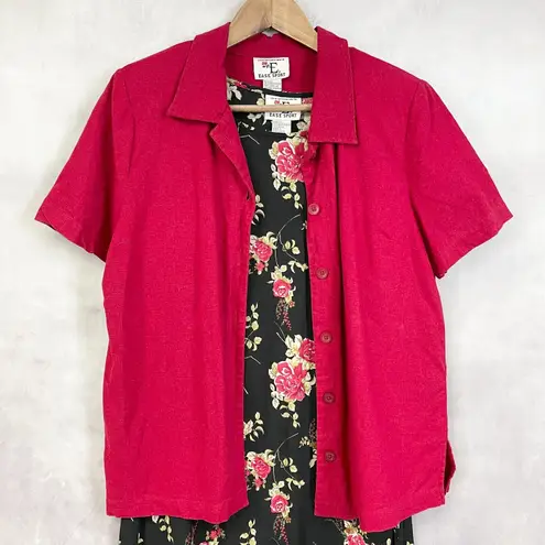 Ease Sport Dress Set Women 12 Dark Floral Linen Rayon Cottagecore Feminine Retro Red