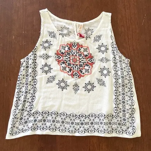 Raga White Blue Orange Printed Beaded Tank Top Sz S