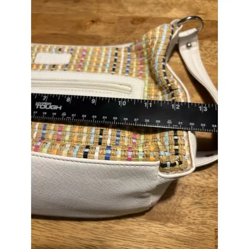 STONE & CO. Shoulder Bag White Faux Leather Multicolor Woven Straw Purse Boho