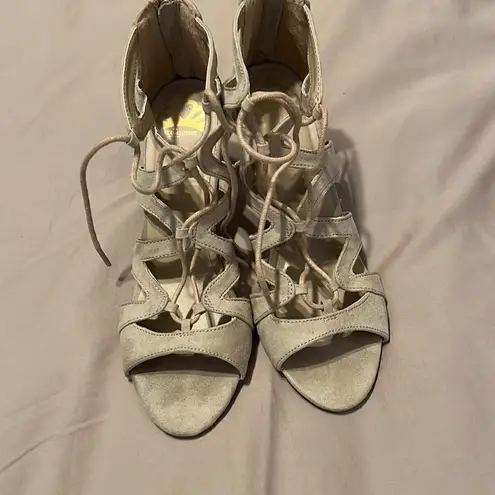 Fergalicious Heartthrob faux suede lace up back zip heeled sandals EUC