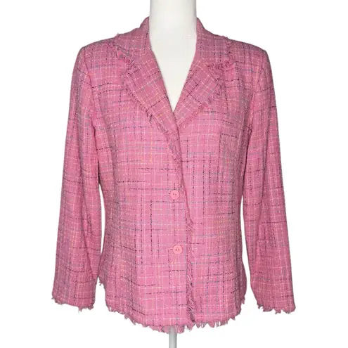 Anne Carson Silk Tweed Blazer M Jacket Pink Frayed Hem Office Career Barbiecore