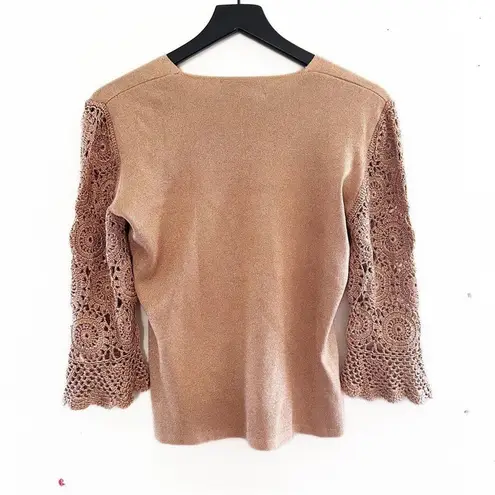 Joseph A . Gold Knit Sweater Crochet Lace Bell Sleeves V-Neck Holiday Chic M