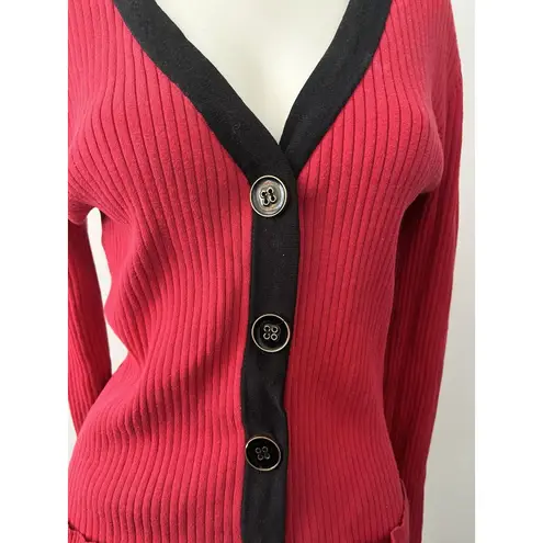 Babette Ballinger Sweater Size M Gothic Red Black Trim Button Front Ribbed Knit Size M