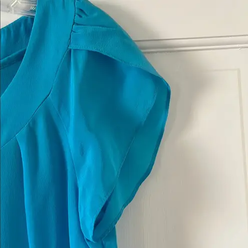 Glam Turquoise Silk Blouse by with Wide Scoop Neck and Short Sleeves