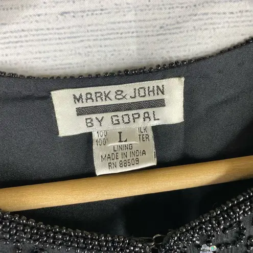 Mark & John Gopal Vintage Womens size L 100% Silk Beaded Open Cardigan Jacket Black Size L