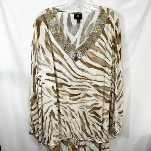 JM Collection Plus Size 3X Pant Set Blouse Zebra Print Beaded Long Sleeve Top C
