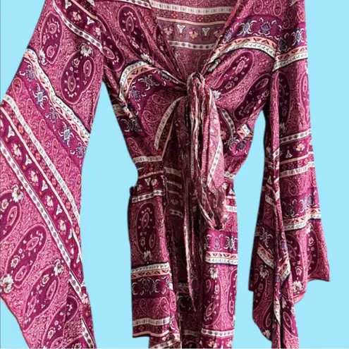 Boutique Bohemian Paisley Tie-Front Bell Sleeve Romper w Cut Out Detailing.
