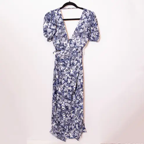 NEW Reiss Jennah Blue White Print Pattern Chiffon Puff Short Sleeve Midi Dress 2