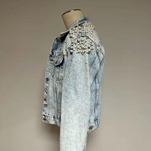 Pearls Beaded Denim Jacket Blue