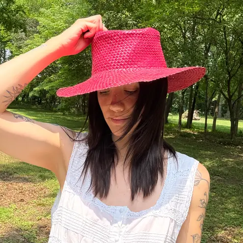 Vintage 70s Woven Straw Boater Hat Pink