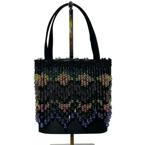 Vintage Moo Roo Charleston Signed 2000 Black Multicolor Beaded Purse