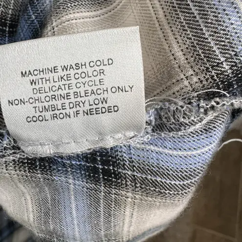 Seven7 Pleated Ruffle Blue Plaid Pearl Snap Button Front Long Sleeve Top Medium - Image 7