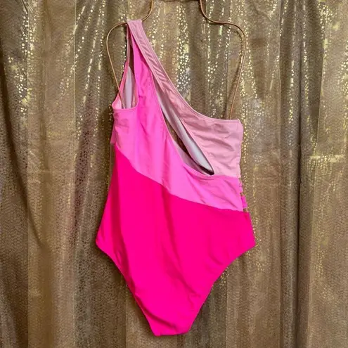 Women's One Shoulder Bright Pink Ombre Mesh Colorblock Swim Suit Large NWOT